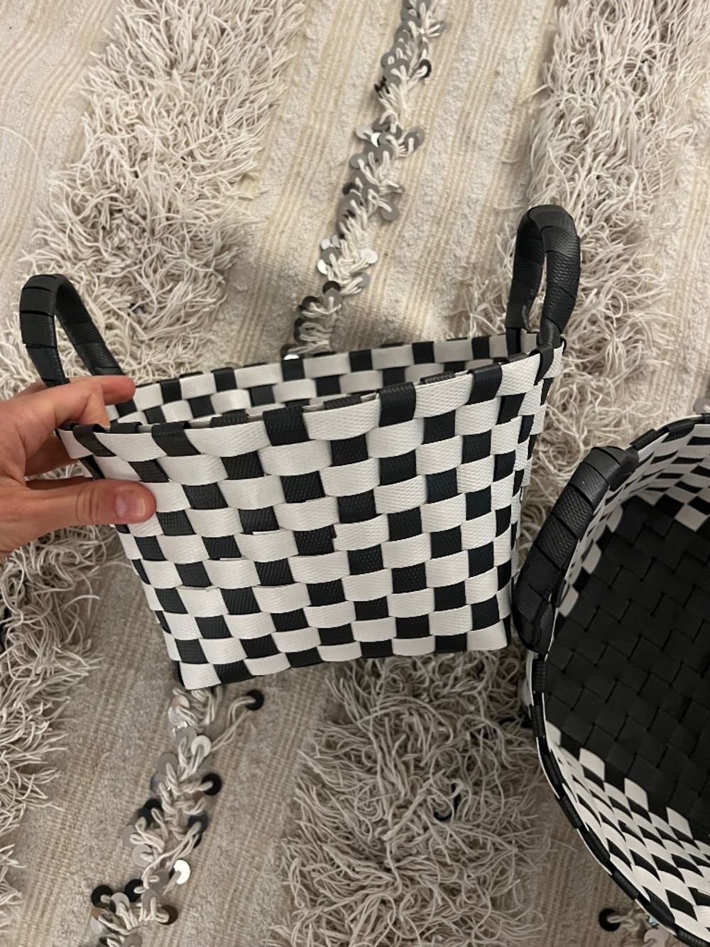 Two Black and White Check Baskets